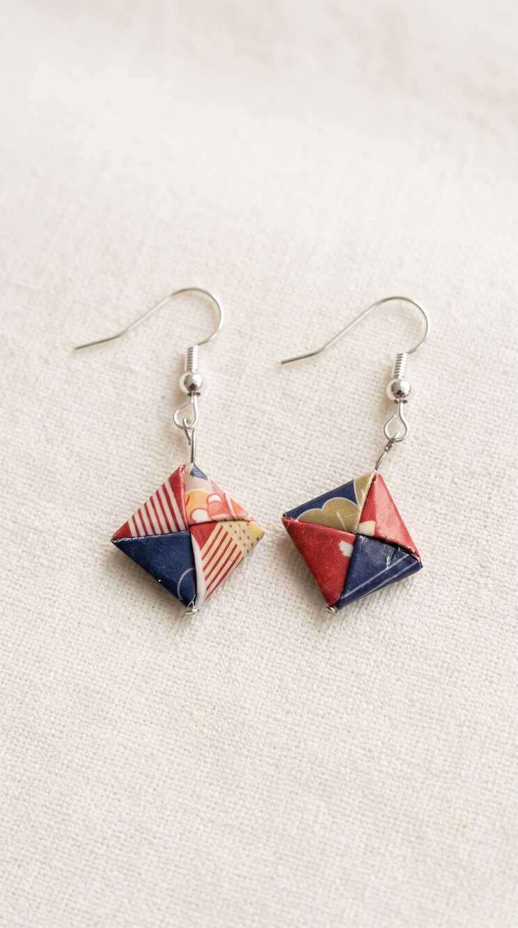 Origami Diamond Earrings, Chiyogami Washi Paper Jewelry, Mismatched Dangle Earri